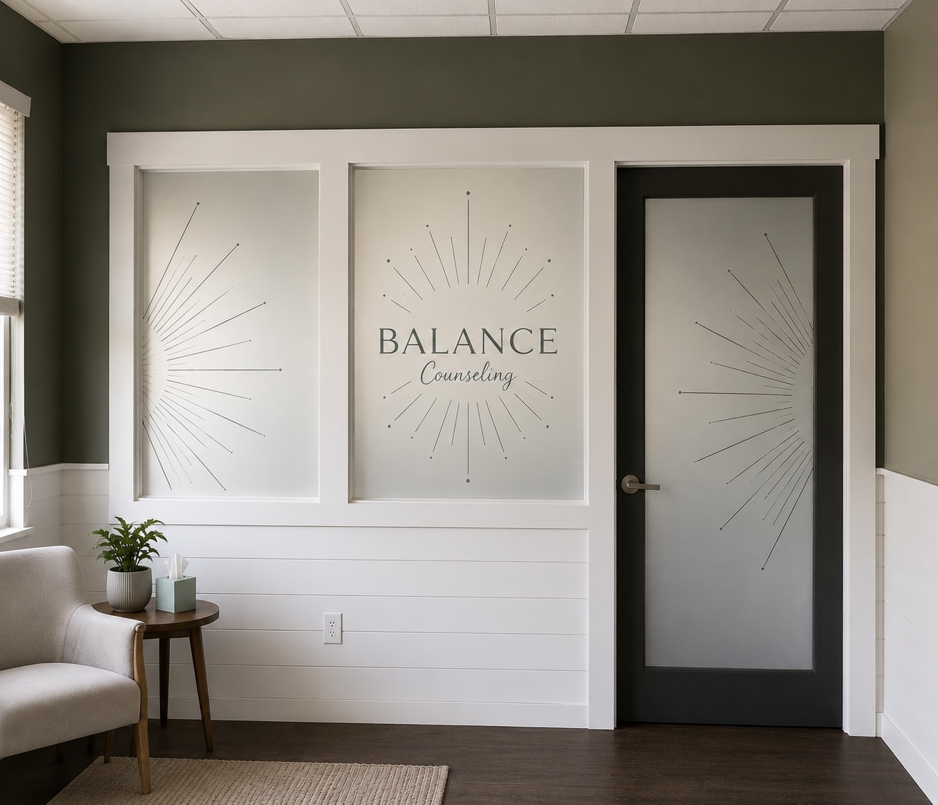 Counseling office interior with cozy seating